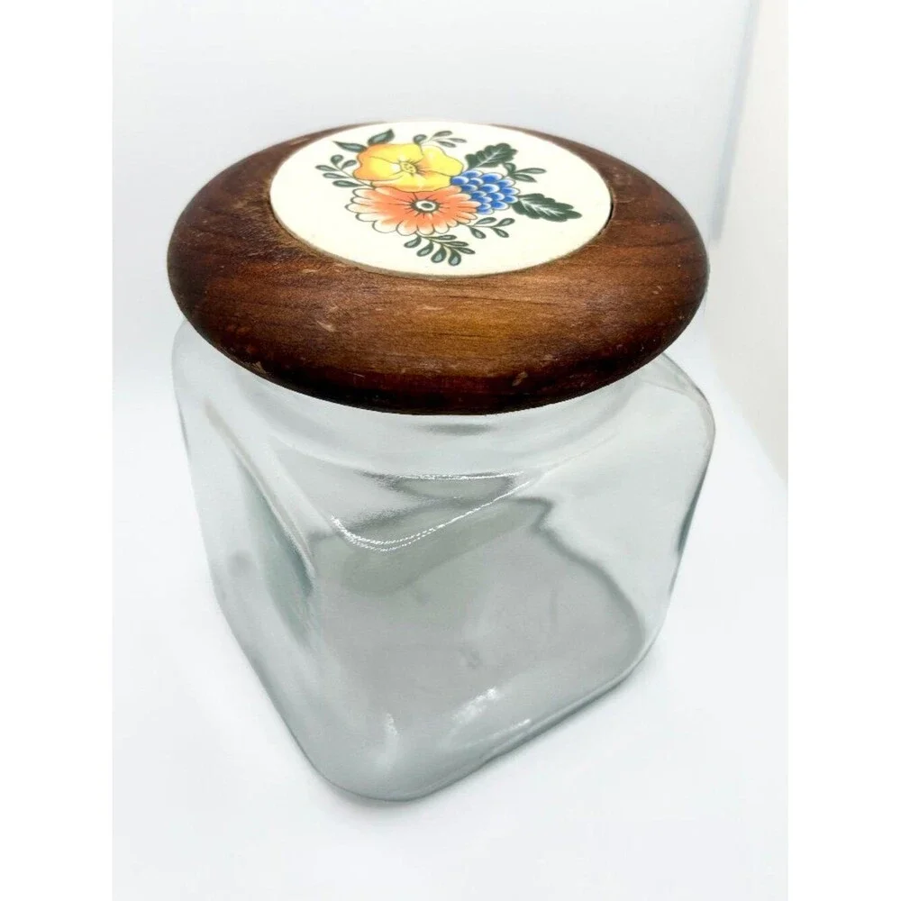 Vintage Anchor Hocking Glass Canister Jar with Wood Lid Floral Insert USA 1970s